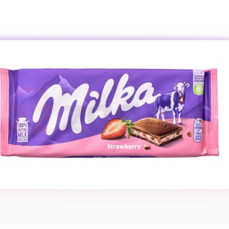 شکلات میلکا با طعم شیر و توت فرنگی starwberry حجم 100 گرمی ا Milka chocolate with milk and starwberry