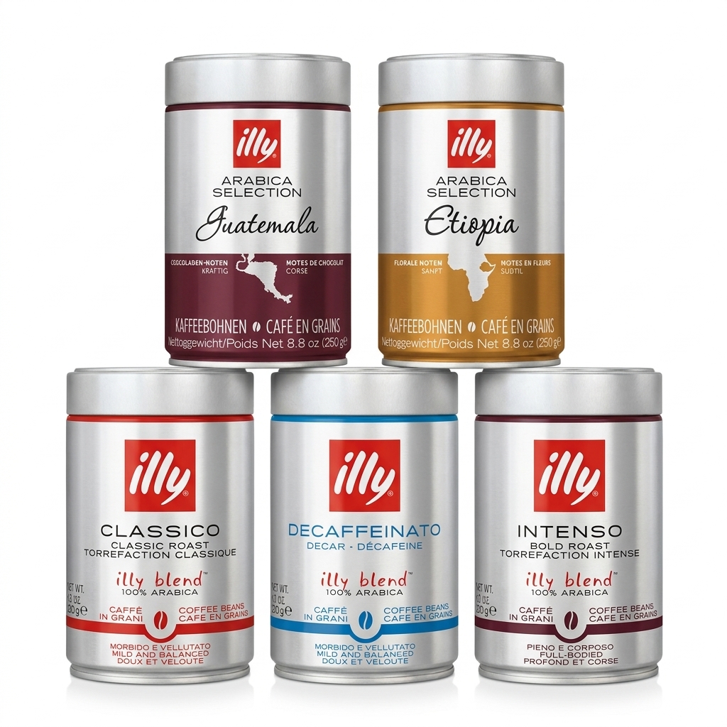 دانه قهوه ایلی 250 گرمی 5 مدل کارتن 5 عددی illy
